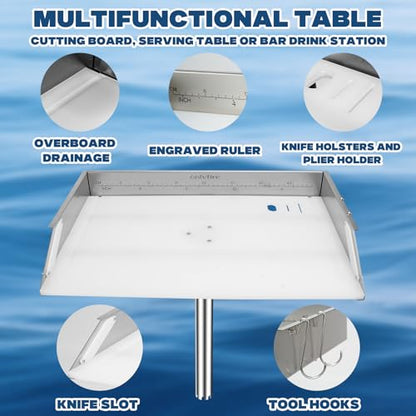 20" Boat Cutting Board, Fishing Filet Table with Tool Holders, CT607 | with Rod, Stainless Steel Ruler, Knife Slots, Plier Storage, Hooks & Cover, for Fishing Boat, Pontoon Boat, Yacht