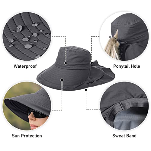 Womens Sun Hat UPF 50+ Wide Brim and Ponytail Hole, Hiking Safari Hat with Neck Flap… - color: Dark Grey & Light Grey