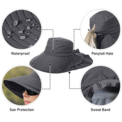 Womens Sun Hat UPF 50+ Wide Brim and Ponytail Hole, Hiking Safari Hat with Neck Flap… - color: Dark Grey & Light Grey