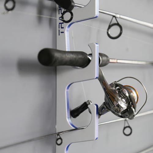 TRAPSKI Made in the USA Premium Fishing Rod/Pole Holder Rack Organizer | Wall or Boat Mounting Fishing Rod Rack | Marine Grade HDPE Plastic | Pole Holder for up to 3 Rods | Stackable - color: H3 White/Blue