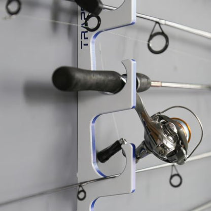 TRAPSKI Made in the USA Premium Fishing Rod/Pole Holder Rack Organizer | Wall or Ceiling Mounted Fishing Rod Rack | Marine Grade HDPE Plastic | Rod Holder for up to 12 | Stackable - 2 Pack - color: H6 White/Blue