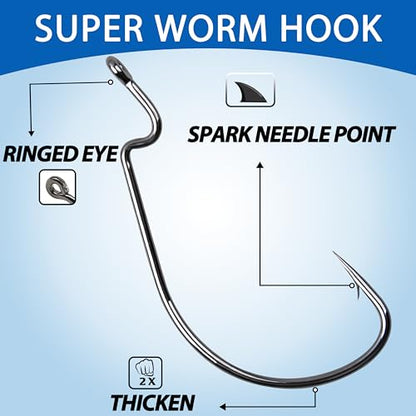 Bass Fishing Hooks Kit, 50pcs 2X Strong Offset Ewg Worm Hooks for Bass Fishing Trout Soft Bait Jig Texas Rig Saltwater Freshwater Size 1/0-5/0