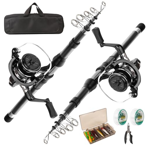 Fishing Rod Reel Combo - 2PCS 6.89ft Telescopic Fishing Poles 2PCS Spinning Reels Lures Set Fishing Pliers with Carrier Bag for Travel Saltwater Freshwater Gift Portable Fishing Pole Kit - color: Black 1