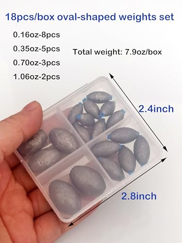 Oval-Shaped Fishing Sinker Weights Egg Bullet Weights with Inner Core Fishing Weight Sinkers Assortment 18pcs/30pcs for Saltwater Freshwater Fishing