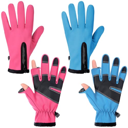 Bencailor Windproof Waterproof Fingerless Gloves Winter Touchscreen Gloves Men Cold Weather Cycling Supplies - color: Pink,Blue, size: Medium