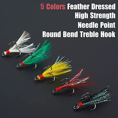 Feathered Treble Hooks Kit, 50 PCS Fishing Treble Hooks High Carbon Steel Sharp Barbed Fishing Hook with Storage Box, Freshwater Saltwater Lure Hook for Bass Trout Pike Salmon Catfish Fishing