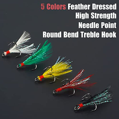 Feathered Treble Hooks Kit, 50 PCS Fishing Treble Hooks High Carbon Steel Sharp Barbed Fishing Hook with Storage Box, Freshwater Saltwater Lure Hook for Bass Trout Pike Salmon Catfish Fishing