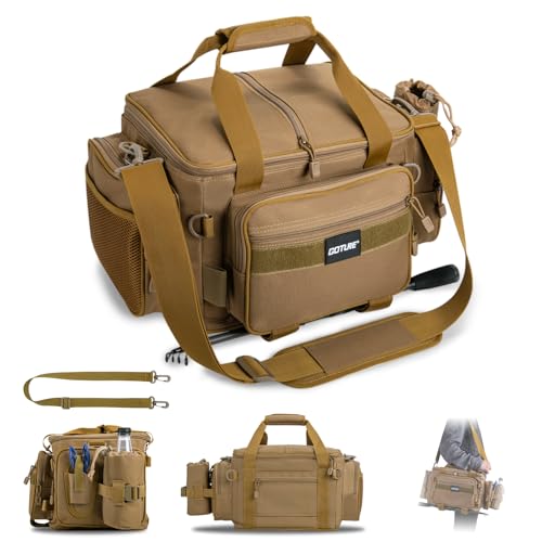 Goture Fishing Tackle Bag,Store Up to 4PCS 3700 Tackle Boxes(Not Included),600D Soft Side Water-Resistant Saltwater Gear Storage Fishing Bag with Rod Straps,Detachable Water Bottle Pouch,SBS Zippers - color: A3:Khaki(Without Trays-17.72"x11.81"x9.45"), si
