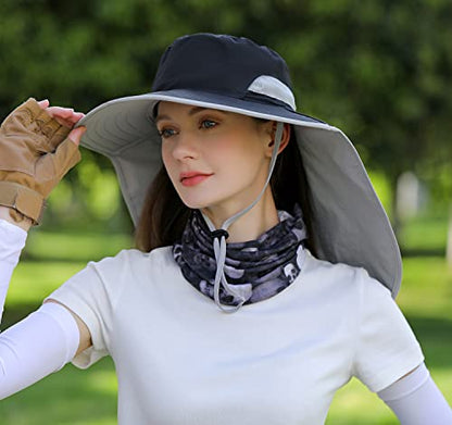 HUAMULAN Women Large Brim Sun Hat with Neck Flap, Men Quick Dry Hiking Fishing Safari Hat UPF 50+ - color: Hyp011-black