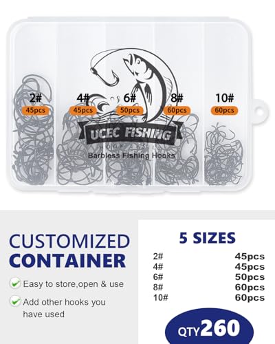 UCEC 190/220/260PCS Barbless Fishing Hooks, Carp Hooks Circle Curve Shank Fly Tying Fishing Hook Tackle Kit for Freshwater Saltwater Hair Rig Trout Size: 2# 4# 6# 8# 10# - size: 260PCS,2# 4# 6# 8# 10#