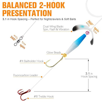 Dovesun Crawler Harness Walleye Rigs with Dual-Wing Blade, Float Walleye Spinner Rig for Slow Trolling (0.25 mph), Fluorocarbon Worm Harness, 2 Hook Walleye Fishing Rigs, 7 Pack - size: #4 Baitholder + #8 Treble Hook