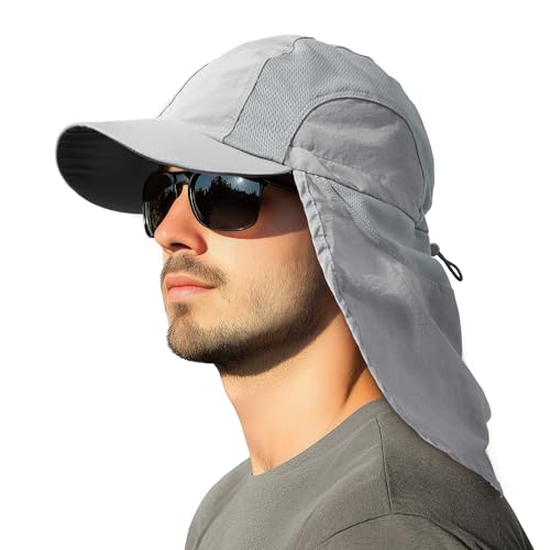 Mens Sun Hat with Breathable Mesh Sun Hats for Men Sun Protection Fishing Hat with Neck Flap for Hiking Cycling - color: Dark Gray