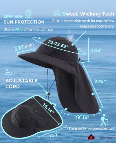 Home Prefer UPF 50+ Sun Hats for Men Women Wide Brim Fishing Hat with Neck Flap UV Protection Sunblock Safari Bucket Hat - color: Black