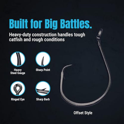 Reaction Tackle Heavy Wire Catfish Hooks - High Carbon Steel for Channel, Blue and Flathead Catfish - Sharp Offset Point, Freshwater and Saltwater Fishing (25-Pack) - size: #9/0