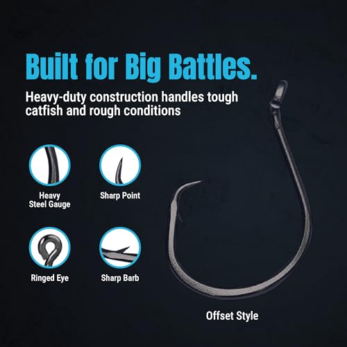 Reaction Tackle Heavy Wire Catfish Hooks - High Carbon Steel for Channel, Blue and Flathead Catfish - Sharp Offset Point, Freshwater and Saltwater Fishing (25-Pack) - size: #4/0