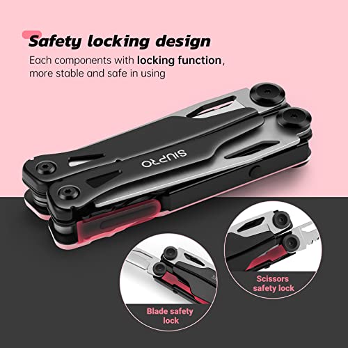 SIUPRO Multitool Pocket Knife for Men, Women, Tactical Multi Tool with Pliers, Saw, Screwdriver, All Self-Locking, Survival Gear With Clip and Pouch for Camping, Gifts Idea, Pink - color: Pink