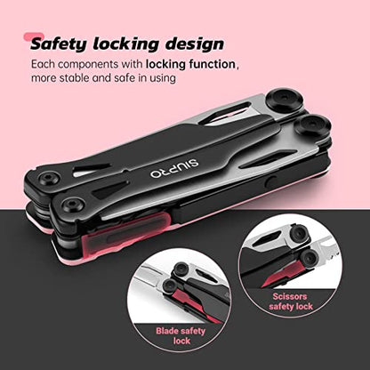 SIUPRO Multitool Pocket Knife for Men, Women, Tactical Multi Tool with Pliers, Saw, Screwdriver, All Self-Locking, Survival Gear With Clip and Pouch for Camping, Gifts Idea, Pink - color: Pink