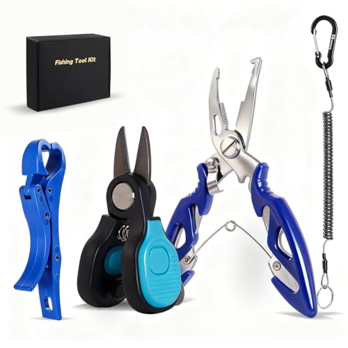 4pc Fishing Tool Kit, Fishing Serrated Scissors , Multifunctional Pliers, Lip Gripper,Retractable lanyard, Resistant Saltwater Accessories & Equipment, for Hook Remover, Inshore & Nearshore