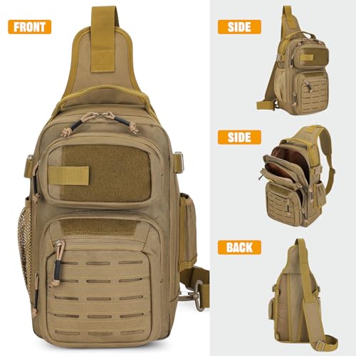 HUNTVP Fishing Sling Bag Lightweight Tackle Bag Small Fishing Backpack Tactical Shoulder Sling Bags with Rod Holder, Storage Gear and Equipment, Gifts for Men (Brown) - color: Brown