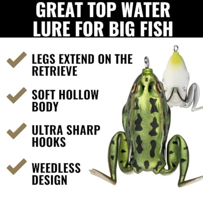 LUNKERHUNT Frog Lure for Bass Fishing | Pocket Frog Fishing Lure 1.75 Inch | Topwater Fishing Lures, Soft Hollow Body, Weedless Hooks for Trout, Pike in Saltwater and Fresh Water - style: Green Tea