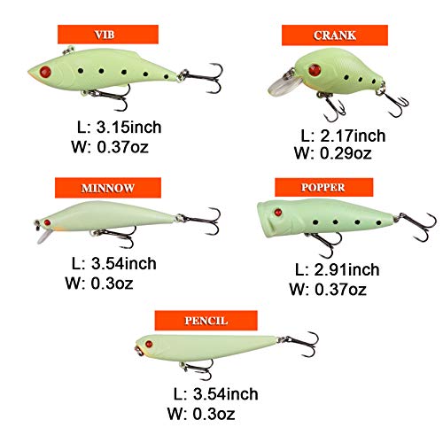 Glow Fishing Lures Bait Kit Luminous VIB Popper Crank Minnow Pencil Hard Bait with Treble Hook Night Fishing Bait Tackle Box