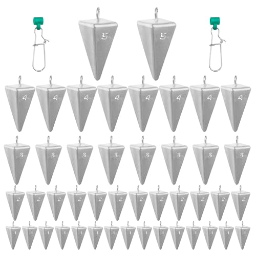 Pyramid Sinkers Fishing Weights 45-Piece Assortment Kit (1oz 15pcs, 2oz 12pcs, 3oz 8pcs, 4oz 8pcs, 5oz 2pcs), Lead Surf Fishing Weights for Saltwater Ocean Beach & Pier Fishing