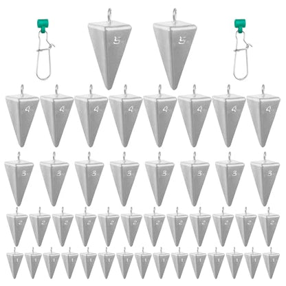 Pyramid Sinkers Fishing Weights 45-Piece Assortment Kit (1oz 15pcs, 2oz 12pcs, 3oz 8pcs, 4oz 8pcs, 5oz 2pcs), Lead Surf Fishing Weights for Saltwater Ocean Beach & Pier Fishing