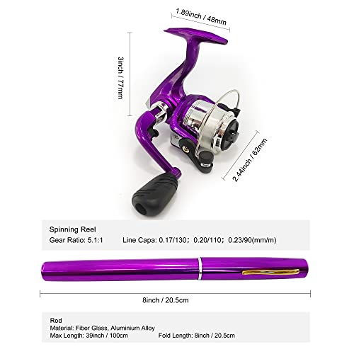 Compact Pocket Telescopic 38inch Mini Pen Fishing Rod Spinning Reel Combos Pen Folded Fishing Pole Spinning Wheel Gift for River, Lake, Reservoir, Ice Fishing and So On - color: Purple