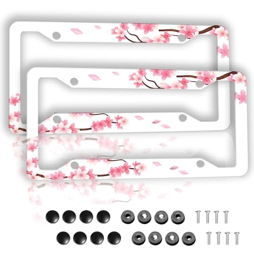 Pink Cherry Blossom On White Background License Plate Frame - 2Pcs Sakura Flower License Plate Holder Aluminum Metal Car Accessories Refreshing Cute Anime Design Fits Standard Us Vehicles with Screws - color: sakura