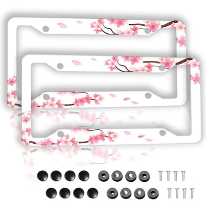 Pink Cherry Blossom On White Background License Plate Frame - 2Pcs Sakura Flower License Plate Holder Aluminum Metal Car Accessories Refreshing Cute Anime Design Fits Standard Us Vehicles with Screws - color: sakura