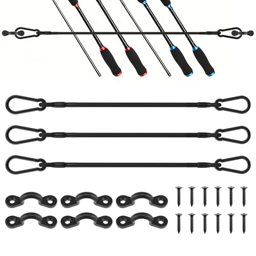 SDTC Tech 3 Sets Fishing Rod Straps Holder for Boat Deck with Tie Down Pad Eyes, 12 Inch Bungee Cord with Carabiner Hook Based Tie Down Holder Straps for Boat, Kayak, Truck Bed