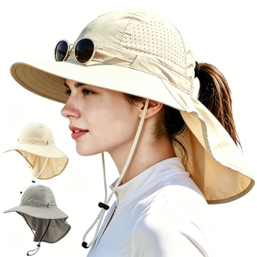 2Pack Sun Hat for Men Women with Neck Flap | UPF 50+ Wide Brim and Ponytail Hole Hiking Fishing Bucket Hat - color: 2pcs-beige&light Gray