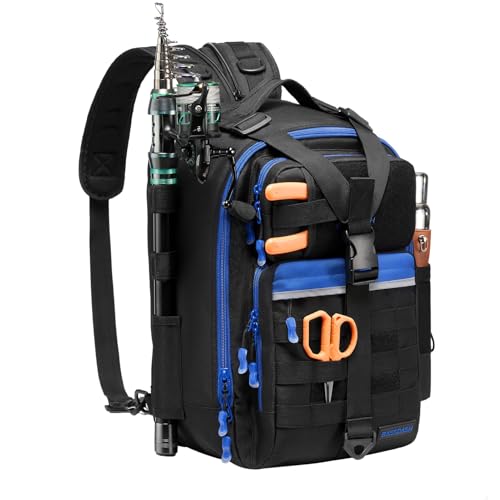 BASSDASH Convertible Fishing Backpack Sling Bag with Rod Holder, Adjustable Tactical Water-Resistant Tackle Storage Pack FP07 - color: Black/Royal Blue, size: Large