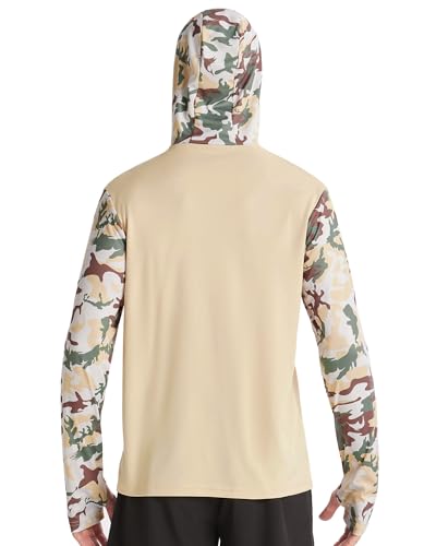 FISHEAL Men's Performance Fishing Hoodie Shirt - UPF 50+ UV Sun Protection Long Sleeve Shirts with Mesh Face Mask - color: Desert Sand Camo, size: Small