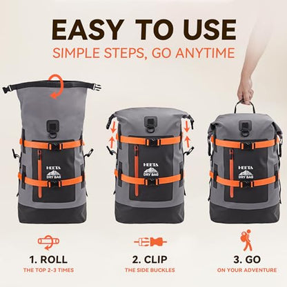 HEETA Dry Bags Waterproof Backpack 40L for Men & Women, Roll Top Heavy Duty Cushioned Hiking Backpack for Kayaking Boating Paddle Boarding Fishing Travel Camping Beach Vacation Cruise Ship Essentials - color: Grey