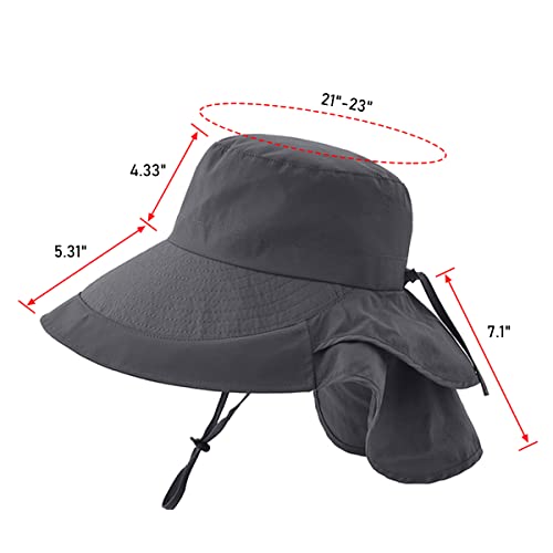 Womens Sun Hat UPF 50+ Wide Brim and Ponytail Hole, Hiking Safari Hat with Neck Flap… - color: Dark Grey