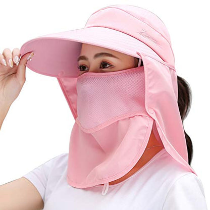 Women Wide Brim Face Mask Sun Hat Detachable Neck Face Flap Ponytail UV Protection Visor Hat Garden Fishing Hiking - color: A3-shun005-fense