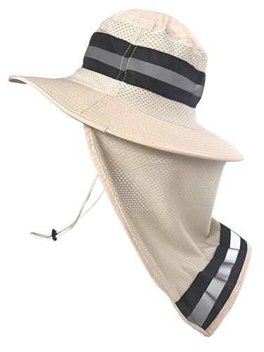Men's Wide Brim Boonie Bucket Sun Hat with Neck Flap, High Visibility Reflective Stripes, UV Protection - color: Light Khaki