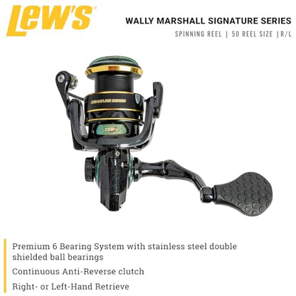 Lew’s Wally Marshall Signature Series Spinning Fishing Reel, 5+1 Bearings, Graphite Frame and Rotor, Interchangeable Retrieve, Green/Gold - size: 50