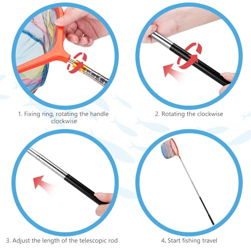 Kids Fishing Net, 2 Pack Telescopic Fishing Landing Net with Aluminum Pole Handle for Kids, Collapsible Bucket Kids Sand Pail, Fishing Net Butterfly Nets for Kids, Outdoor Playing - color: Red
