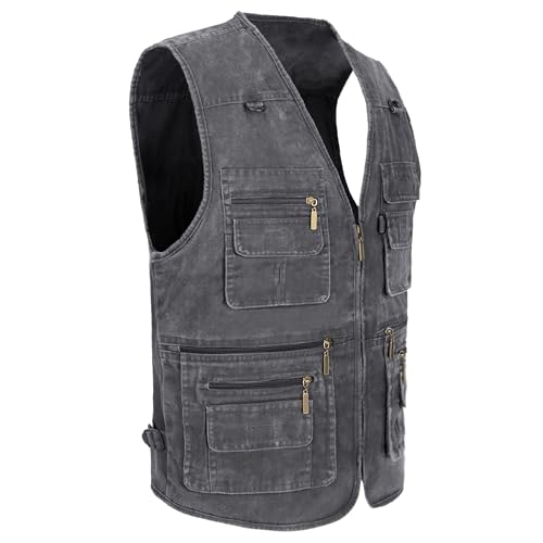 Men's Stone Washed Denim Multi-pocketed Fishing Work Outerwear Vest - color: Black, size: Medium