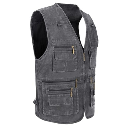 Men's Stone Washed Denim Multi-pocketed Fishing Work Outerwear Vest - color: Black, size: Large