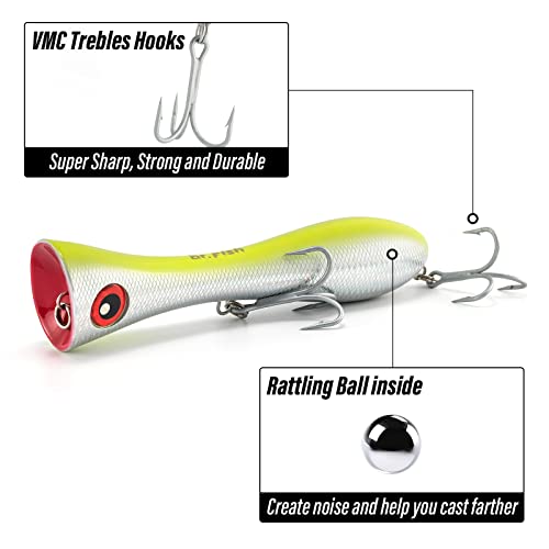 Dr.Fish Popper Saltwater Fishing Lures, 8 Inches GT Popper VMC Treble Hooks Surf Fishing Lures for Striper Tuna Barracuda Mackerel Snapper Bluefish Pencil Plugs Offshore - color: Chrome Chartreuse(8")-1 Pack