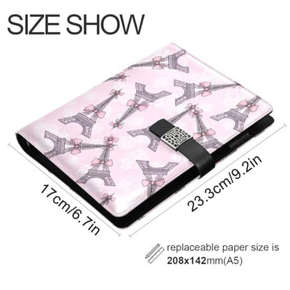Eiffel Tower Pink Bow A5 PU Leather Refillable Binder,Business Notebook Travel Planner with Expandable Pockets,6-Ring,Pen Storage & Easy-Clean Surface for Daily Use - color: Eiffel Tower Pink Bow