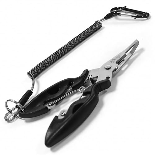 5" Fishing Pliers Scissors with Safety Lock and Anti Loss Rope | Multi-Function Curved Nose Hook Remover, Line Cutter & Open Ring Pliers; Rustproof for Saltwater and Freshwater Use
