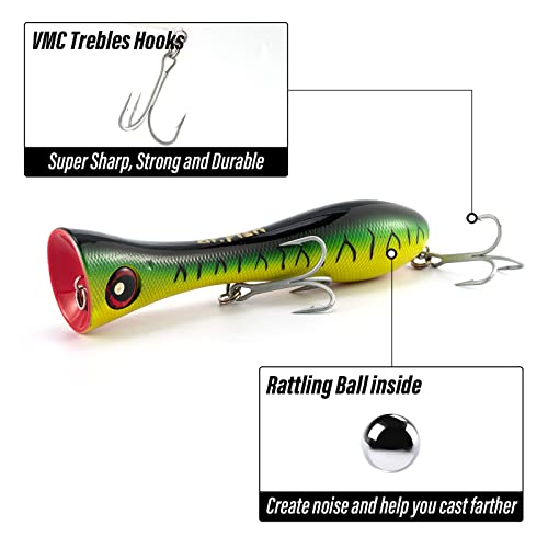 Dr.Fish Popper Saltwater Fishing Lures, 8 Inches GT Popper VMC Treble Hooks Surf Fishing Lures for Striper Tuna Barracuda Mackerel Snapper Bluefish Pencil Plugs Offshore - color: Green Yellow(Black Stripes, 8", 1 Pack)