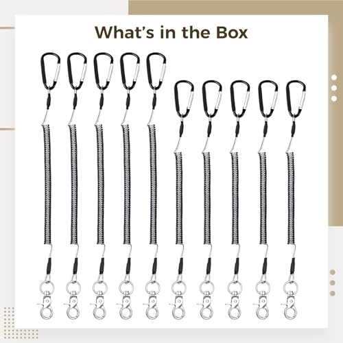 10 Pcs Fishing Tool Lanyards, Retractable Steel Wire Tethers with Carabiners, Heavy Duty Stainless Steel Coiled Security Cables for Range Finder, Kayak Accessories, 2 Sizes