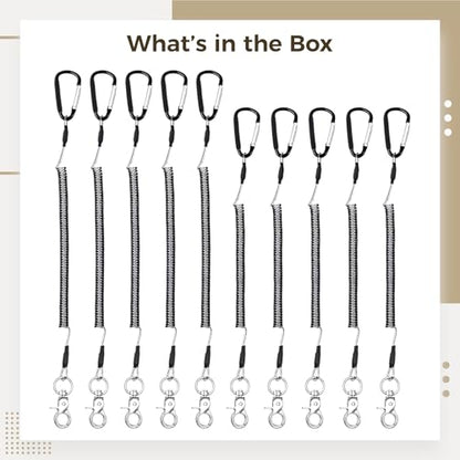 10 Pcs Fishing Tool Lanyards, Retractable Steel Wire Tethers with Carabiners, Heavy Duty Stainless Steel Coiled Security Cables for Range Finder, Kayak Accessories, 2 Sizes