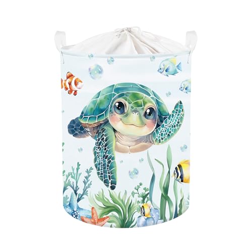 Clastyle Large Fish Sea Turtle Baby Basket Ocean Coral Seaweed Starfish Toy Book Shelf Basket Waterproof Pool Toy Beach Towel Storage Bin Collapsible Dirty Clothes Hamper, Blue, 36 * 45 cm - size: 36*45 cm