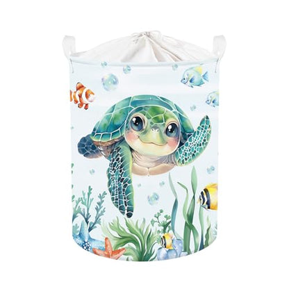 Clastyle Large Fish Sea Turtle Baby Basket Ocean Coral Seaweed Starfish Toy Book Shelf Basket Waterproof Pool Toy Beach Towel Storage Bin Collapsible Dirty Clothes Hamper, Blue, 36 * 45 cm - size: 36*45 cm